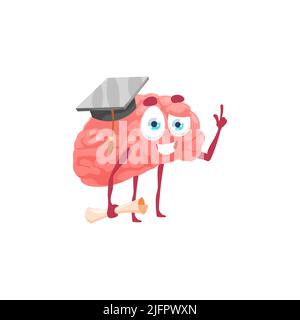 Brain in mortarboard hat and diploma or certificate in hands graduating from college or university isolated flat cartoon character. Vector clever mind, healthy human nervous system organ graduation Stock Vector