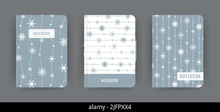 Cover page notebook collection. Templates with christmas patterns in cartoon style. Perfect for diary, books, magazines, journals, catalogs, planners Stock Vector