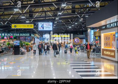 MOSCOW, RUSSIA - JULY 08, 2022: Sheremetyevo airport. flight information monitors and check-in in Sheremetyevo. airport check-in area Stock Photo