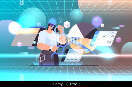 businesswoman in virtual reality glasses with scissors creating visual graphs business charts financial statistics data analyzing concept Stock Vector