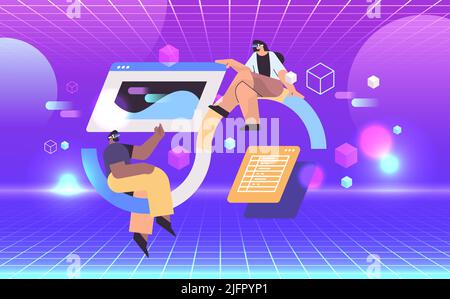 businesspeople in virtual reality glasses on graph financial statistics data analyzing vr vision headset innovation metaverse Stock Vector