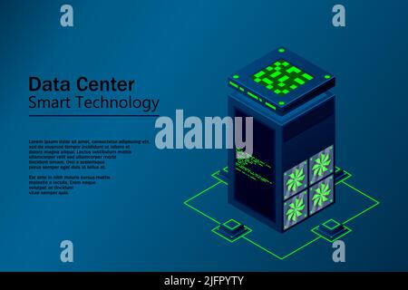Data center with server racks isometric. Internet network equipment, smart technology, cloud database sign, computer technology vector illustration. Stock Vector