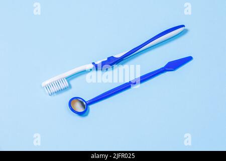 set for thorough cleaning of the oral cavity. Equipment for cleaning braces and plaque from teeth. Necessary tools for brushing teeth. Stock Photo