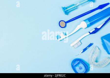 set for thorough cleaning of the oral cavity. Equipment for cleaning braces and plaque from teeth. Necessary tools for brushing teeth. Stock Photo