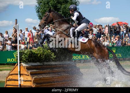 Rosalind CANTER (GBR) on Allstar B, jumping, in the water, action. Allstart B was badly injured at obstacle 16d. On the advice of the vet, the owners have decided to put the horse down. Eventing, Cross-Country C1C: SAP-Cup, on July 2nd, 2022, World Equestrian Festival, CHIO Aachen 2022 from June 24th to - 03.07.2022 in Aachen/Germany; Stock Photo