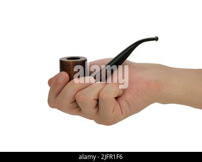 Wooden pipe in a hand, isolated on the white background. Smoking a pipe Stock Photo