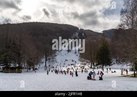 Laceno, Campania, Italy, Feb. 2022. View of Laceno ski slope during winter Stock Photo