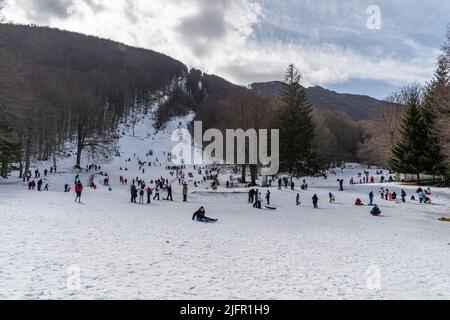 Laceno, Campania, Italy, Feb. 2022. View of Laceno ski slope during winter Stock Photo