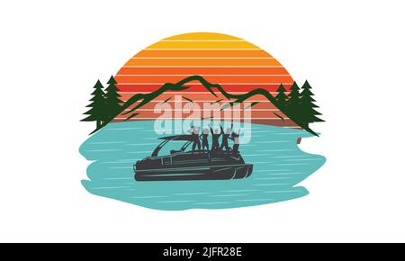 Vector illustration of nature in the mountains. Tourism in nature. landscape with mountains, lake and forest. Illustration of tourism and recreation Stock Vector