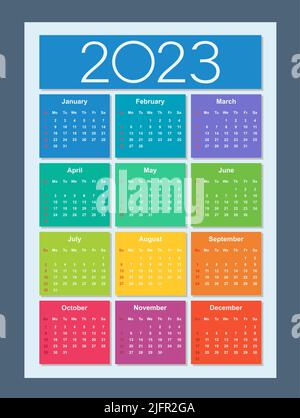 Colorful calendar for 2023 year. Week starts on Sunday. Vertical ...