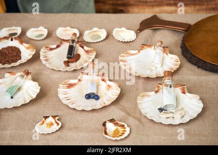 Ancient Roman cosmetics made pearl, retro perfume and vintage bath accessories. Reconstruction of events in the thermae of the Roman Empire Stock Photo