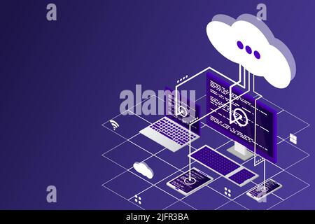 Cloud computing concept isometric vector illustration. Modern cloud technology. Vector 3d isometric illustration electronic devices, desktop computer, Stock Vector