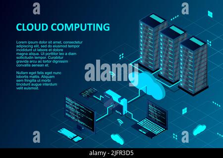 Cloud computing concept isometric vector illustration. Isometric cloud technology with datacenter. Server, desktop computer, laptop, smartphone, and f Stock Vector