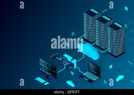 Cloud computing concept isometric vector illustration. Isometric cloud technology with datacenter. Server, desktop computer, laptop, smartphone, and f Stock Vector