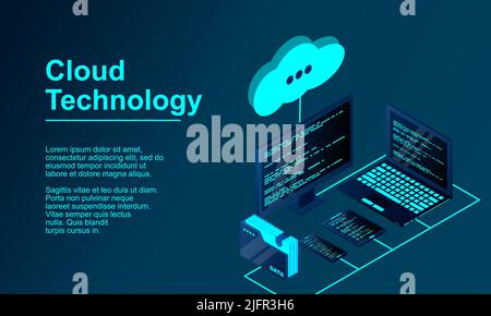 Cloud storage 3d isometric technology concept. Isometric cloud technology with datacenter. Modern cloud technologies. Vector 3d isometric illustration Stock Vector