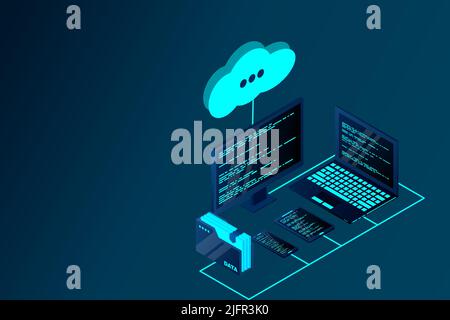 Cloud storage 3d isometric technology concept. Isometric cloud technology with datacenter. Modern cloud technologies. Vector 3d isometric illustration Stock Vector