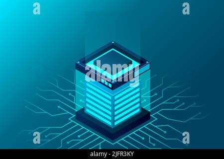Isometric Data center landing page. Isometric servers vector design. Enterprise hosting solutions concept. Big modern data center, server room, cloud Stock Vector