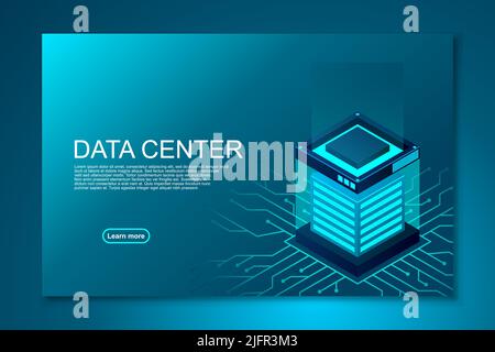 Isometric Data center landing page. Isometric servers vector design. Enterprise hosting solutions concept. Big modern data center, server room, cloud Stock Vector