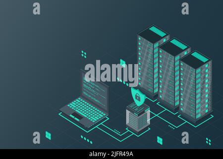 Data security isometric illustration. Illustration of a server laptop and firewall. Isometric technology. Vector illustration Stock Vector
