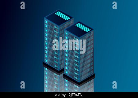 Isometric server room. Futuristic technology of data protection and processing. Mainframe, powered server, high technology concept, data center. Vecto Stock Vector