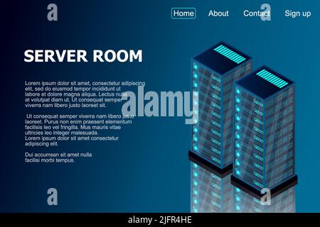 Isometric server room. Futuristic technology of data protection and processing. Mainframe, powered server, high technology concept, data center. Vecto Stock Vector