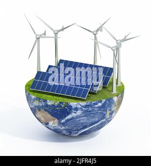 Solar panels, and wind turbines on green grass. 3D illustration. Stock Photo