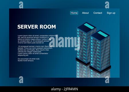 Isometric server room. Futuristic technology of data protection and processing. Mainframe, powered server, high technology concept, data center. Vecto Stock Vector