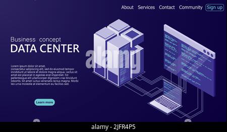 Hosting server or data center room concept. Isometric Data center. Isometric servers vector design. Concept of big data processing center. Data center Stock Vector