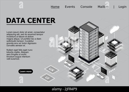 Computer technology isometric icon, server room, digital device set, element for design, pc laptop, server, cloud storage, vector illustration Stock Vector
