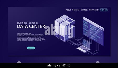 Hosting server or data center room concept. Isometric Data center. Isometric servers vector design. Concept of big data processing center. Data center Stock Vector