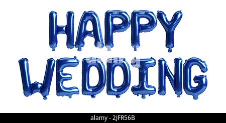 3d illustration of happy wedding letter blue balloons isolated on white background Stock Photo