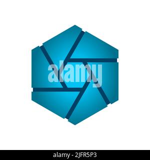Abstract blue technology hexagon. Polygon made of geometric shapes. Building elements idea. Shutter like pieces. Metallic object logo. Open close door Stock Vector