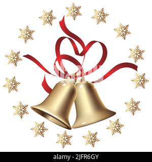 Gold Christmas Bells With Red Ribbons Combined With A Round Snowflake Frame. Vector Illustration Isolated On A White Background. Stock Vector