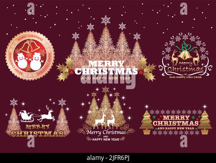 Set Of Christmas Vector Symbols, Emblems, And Labels Isolated On A Dark Red Background. Stock Vector
