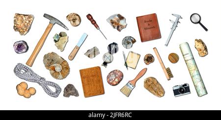 Topview of Set Fieldwork Geology Tools on White Background Stock Photo