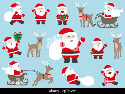 Cartoonish Santa Claus And Reindeer Flat Illustration Set Isolated On A Plain Background. Stock Vector