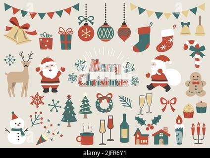 Christmas Elements Vector Flat Illustration Set Isolated On A Plain Background. Stock Vector