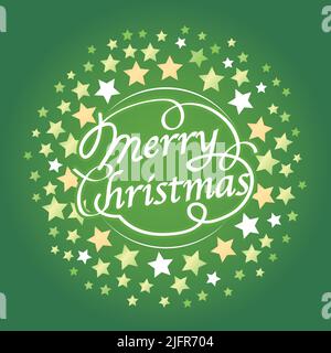 Merry Christmas Logo And Symbol Design, Vector Illustration. White Decorative Logo With Star Shapes On A Green Background. Stock Vector