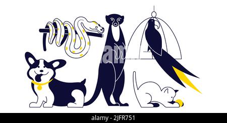 Composition group of pets isolated on white background. Layout banner for pet shop or veterinary clinic. Flat Art Vector illustration Stock Vector