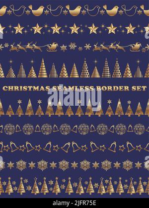 Christmas Vector Seamless Border Set Isolated On A Dark Blue Background. Horizontally Repeatable. Stock Vector