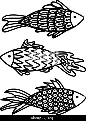 A set of hand-drawn fish in doodle style. Sea creatures. Organisms of the oceans. Fish with different patterns of scales and fins. Simple vector illus Stock Vector