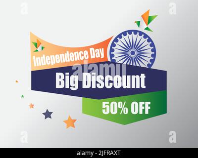 15th August Indian Independence Day Sales Banner Design with 50% Discount Tag Stock Vector