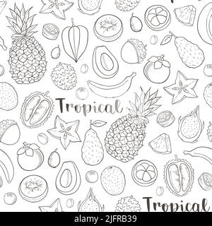 Summer tropical seamless pattern with ripe juicy fruits.  Pineapple, banana, kiwi, avocado on a white background Stock Photo