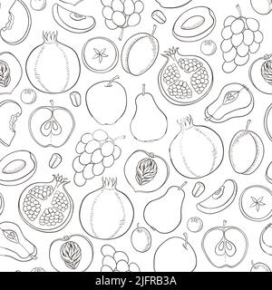 Seamless pattern with ripe juicy fruits.  Apple, peach, grape, plum and pomegranate fruits on a white background. Stock Photo