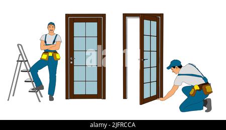 Home repair isometric template. Builders and tools. Repairers in uniform hold a window. Builder squats at the door leaf and fixes a door handle Stock Vector