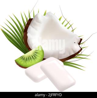Realistic icon with coconut and kiwi bubble gum pads on white background vector illustration Stock Vector
