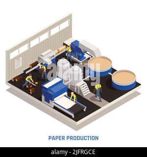 Paper production isometric and colored concept with cut tree preparation and digesting vector illustration Stock Vector