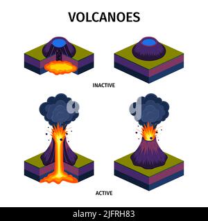 Active and sleeping volcanoes isometric set with colored images of internal structure isolated vector illustration Stock Vector