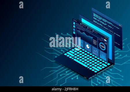 Web design and development vector isometric illustrations. web design development concept programming language program code big data processing on lap Stock Vector