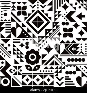 Bauhaus inspired vector seamless pattern with hearts, flowers and geometric shapes in black and white,  modern abstract design Stock Vector